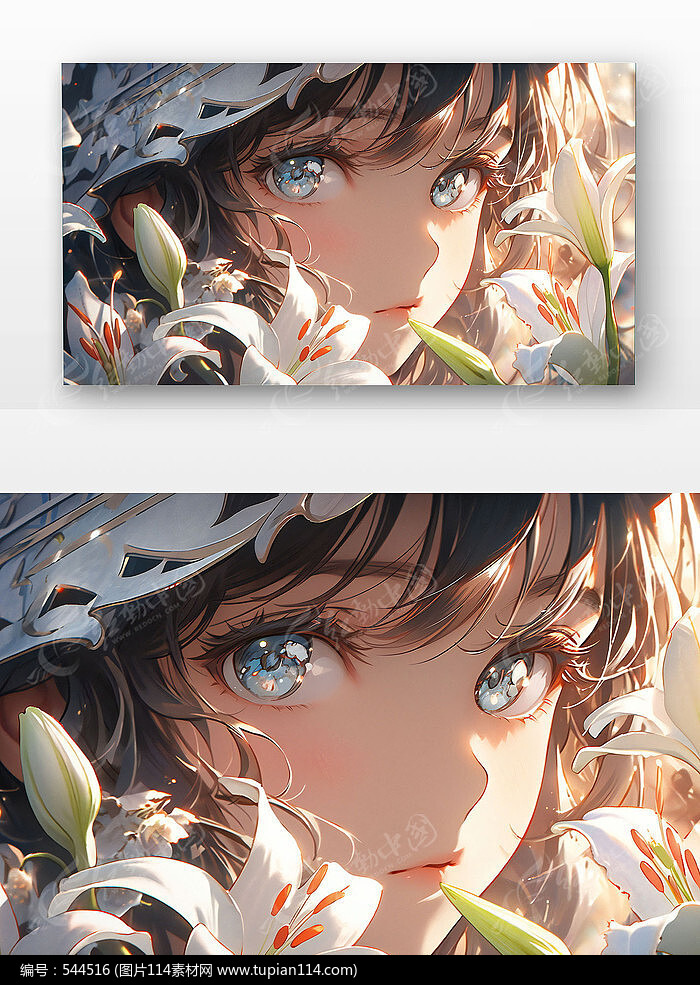 唯美少女和百合花插画