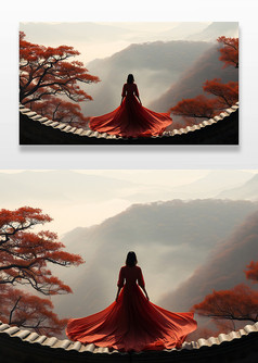 中国风红衣连衣裙人物插画背景