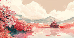 梦幻意境山水建筑背景