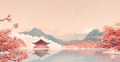 中国风意境山水建筑背景
