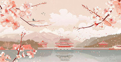 国潮风山水建筑背景