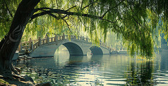 绿色拱桥风景图
