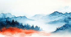 蓝色水彩风景图