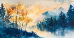 水彩山水风景图