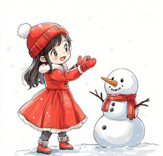 穿着红衣服的女孩堆雪人