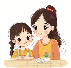 母女在桌子上吃东西