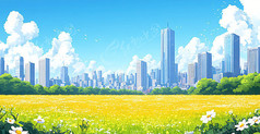 绿色草坪高楼风景图